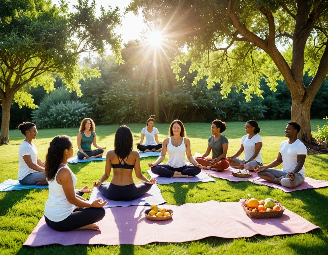 A serene scene depicting a diverse group of people engaged in various health activities such as yoga, meditation, and cooking healthy meals, surrounded by nature. Include elements like fresh fruits, medical symbols, and a warm sunlight ambiance to represent empowerment and wellness. The overall tone should be uplifting and supportive. vibrant colors. super-realistic.