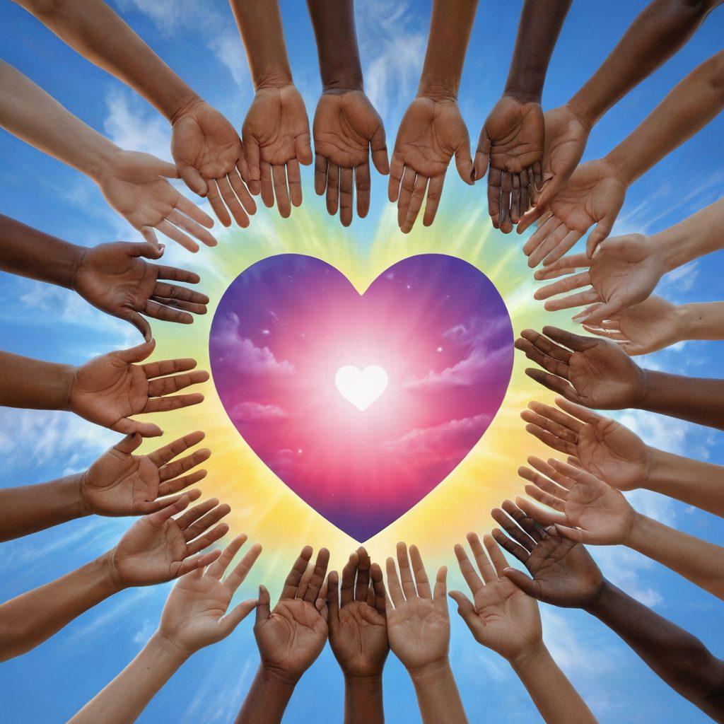 An open hand cradling a glowing heart, symbolizing care and compassion, surrounded by diverse people of various ages and backgrounds engaging in healthy activities like yoga and community gardening, set against a bright, hopeful sky. vibrant colors. super-realistic. community vibe.
