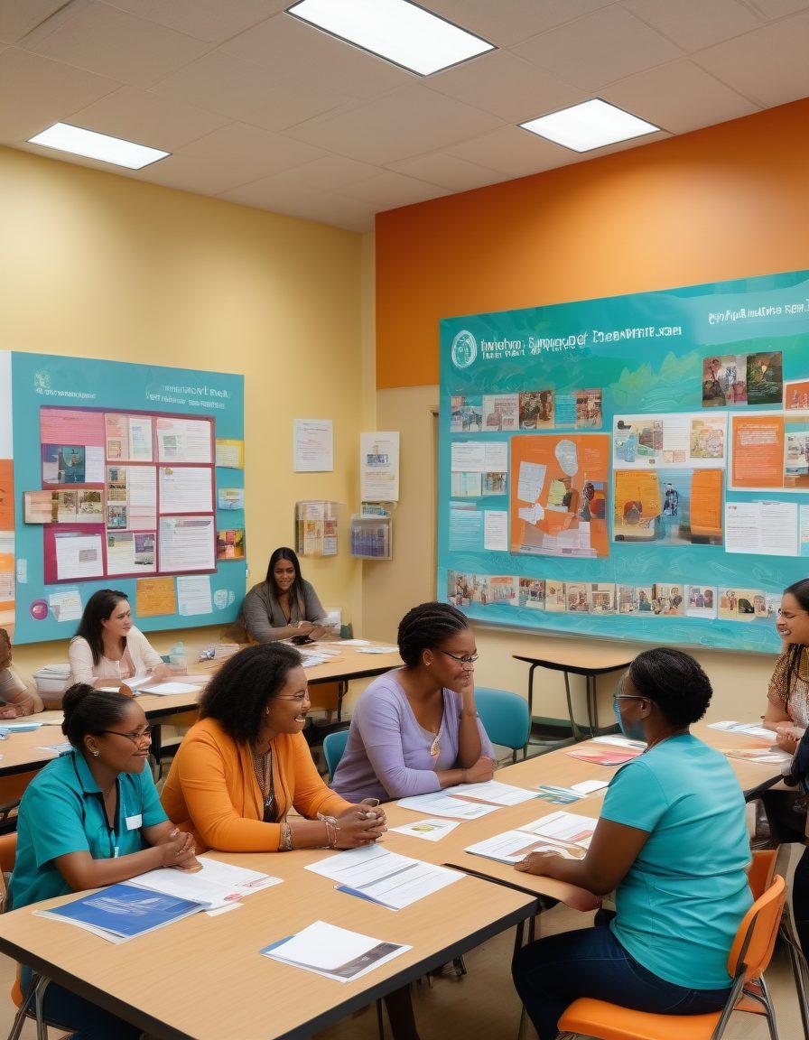 A diverse group of people collaborating in a vibrant community center, with an emphasis on healthcare resources like brochures and informational posters about low-cost healthcare solutions. Bright colors and friendly expressions convey a positive atmosphere, while a bulletin board highlights local health events. Stylized as a digital painting with a warm and inviting tone, showcasing unity and accessibility in healthcare.